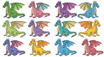 Variety of Fantasy Dragons in Colorful Illustrations Dragons of Different Sizes With Wings vector