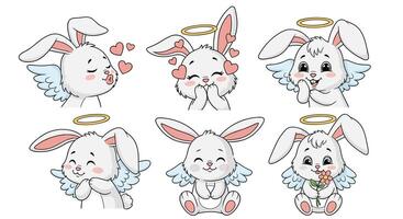 Cute Bunny Angels in Various Poses Adorable Winged Rabbits with Halos Posing vector