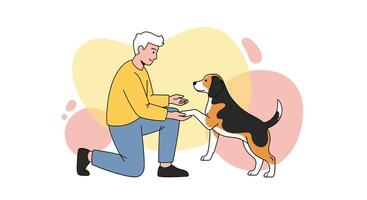 Man Training His Dog in the Park Giving Positive Reinforcement To Animal Behavior vector