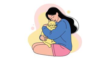 The Girl Hugging Her Cat and Enjoying the Moment of Affection and Love vector