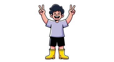 Animated Boy with Curly Hair Smiling and Making a Peace Sign While Wearing Boots vector