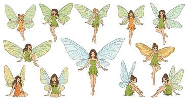 Diverse Collection of Fairies in Various Poses with Different Wing Styles and Colors vector