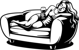 A woman sitting on a couch with a glass of wine vector