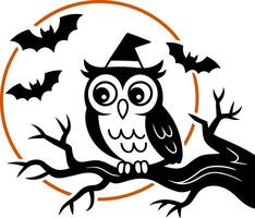 An owl wearing a witch hat is sitting on a branch vector