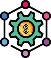 Made in uk a gear icon with a dollar sign inside connected to six circles symbolizes interconnected business growth. vector