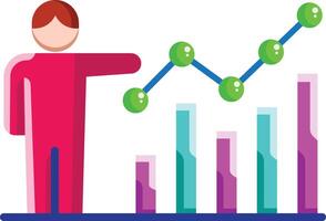 Made in uk a person points to a graph with bars showing upward trends icon flat style. vector