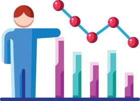 Made in the uk a person points at a soaring bar graph icon flat style. vector