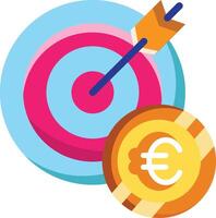 Made in uk a target with an arrow hitting the bulls eye and a euro coin next to it icon flat style. vector