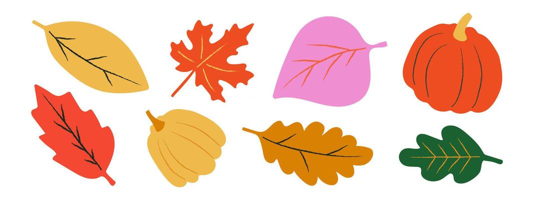 Set of bright, creative hand drawn autumn leaves.