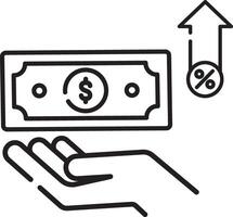 Made in uk hand holds dollar bill with upward arrow and percentage sign icon outline style. vector