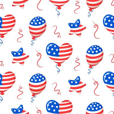 Seamless pattern with heart and star shaped USA flag balloons