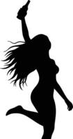 Silhouette of woman jumping holding bottle illustration in dynamic pose energetic and joyful vector