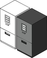 Two isometric office file cabinet drawers in black and white illustration for storage and organization vector