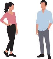 Young casual woman and man standing facing each other in relaxed poses illustration vector