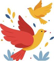 Two colorful flying birds with red and yellow feathers in natural environment illustration vector