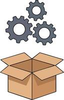 Open cardboard box with three gray gears floating above representing settings or configuration concept illustration vector