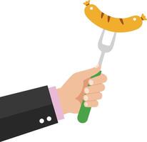 Hand holding fork with grilled sausage illustration in simple flat style for food and cooking concepts vector