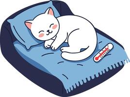 Sleeping white cat resting on a blue blanket with a thermometer beside it illustration vector