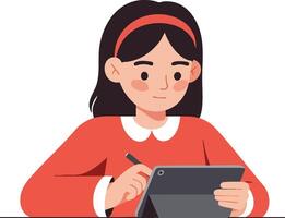 Girl Using Digital Tablet with Stylus Pen for Drawing and Writing in Red Sweater and Headband vector