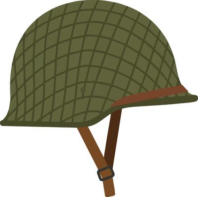Military helmet with green camouflage pattern and brown chin strap illustration for army protection equipment design