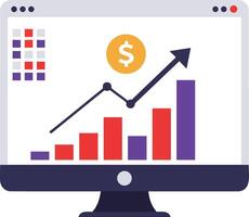 Computer monitor displaying financial growth chart with rising arrow and dollar symbol illustration vector