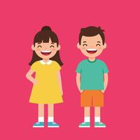 Smiling happy boy and girl standing together in casual summer clothes on pink background illustration vector