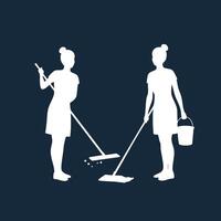 Female cleaning workers using mop and bucket for janitorial service illustration on dark background vector