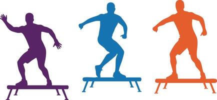 Three colorful silhouettes of skateboarders performing tricks on skateboards in dynamic poses illustration vector