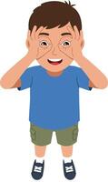 Boy making playful gesture with hands around eyes in blue shirt and green shorts illustration vector