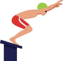 Male swimmer diving from starting block wearing green swim cap and red trunks illustration vector