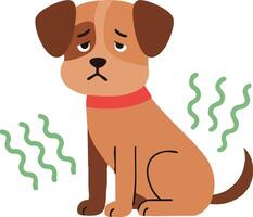 Sad brown dog with red collar emitting bad smell in simple illustration vector