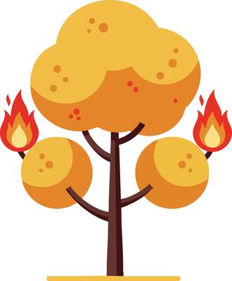 Tree with orange foliage and flames on branches illustration in flat design style