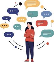 Woman surrounded by colorful speech bubbles representing communication and conversation in illustration vector