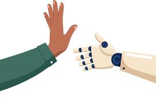 Human hand giving high five to robotic hand symbolizing technology and human interaction collaboration connection vector