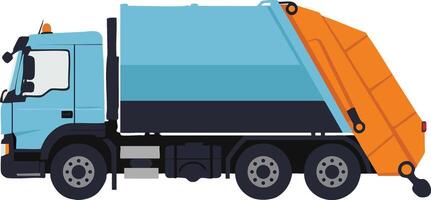 Garbage truck vehicle for waste collection with blue and orange colors side view illustration vector