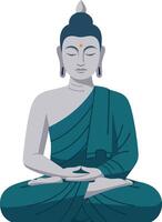 Meditating Buddha statue in serene posture with teal robe and calm expression illustration vector