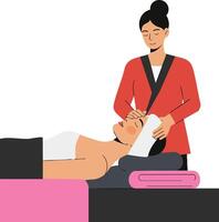 Woman receiving facial massage from therapist in spa wellness center with pink towel and relaxed atmosphere vector