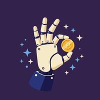 Robotic hand holding golden bitcoin cryptocurrency coin with starry background illustration vector