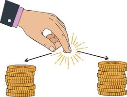 Hand pointing at two stacks of gold coins illustrating financial decision making and economic choice concept illustration vector