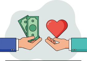 Hands exchanging money and heart symbol illustrating charity and donation concepts in simple flat style vector