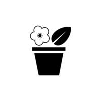 Decorative flower pot with a blooming flower and a leaf placed against a plain background vector
