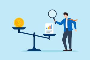 Flat illustration of businessman using magnifier to weigh coin and chart sheet on balance scale for financial analysis and decision making vector