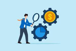 Flat illustration of businessman inspecting gear wheels of chart and coin with magnifier to optimize budget mechanism and financial performance vector