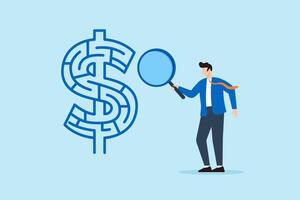 Flat illustration of businessman inspecting dollar maze with magnifier to navigate financial challenges and budget management strategy vector