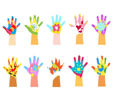 A vibrant hand drawn illustration set showcasing colorful painted children hands in playful and creative poses, for educational materials, kids activities, art themed projects, and cheerful designs.
