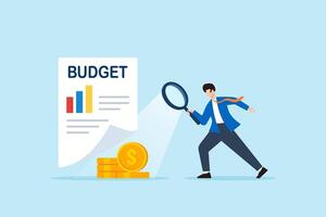 Flat illustration of businessman revealing hidden coins under budget sheet with magnifier light to uncover financial insights and spending analysis vector