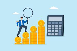 Flat illustration of businessman climbing staircase of gold coins toward calculator while holding magnifier to represent financial control and budget planning vector