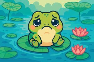 sad baby frog on a lotus leaf in a pond vector