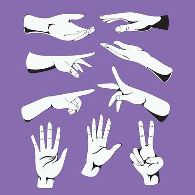 A detailed collection of expressive human hand gestures in engraved line art style. Perfect for classic artworks, retro designs, tattoo concepts, posters, and educational illustrations.