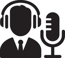 A simple black and white icon of a person with headphones and a microphone for recording vector
